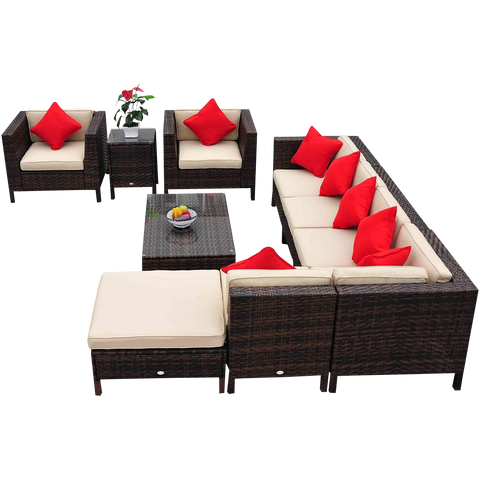 Outsunny 9-Piece Outdoor PE Rattan Wicker Sectional Patio Sofa Chair Set